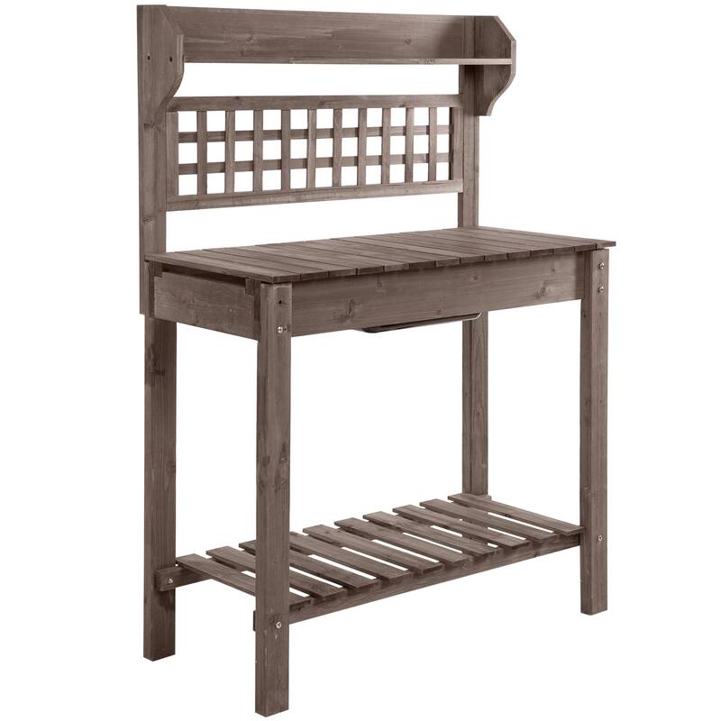 Outsunny 39'' x 18'' x 55'' Wood Garden Potting Work Table with Hidden Storage, Sink Basin, & Below Clapboard