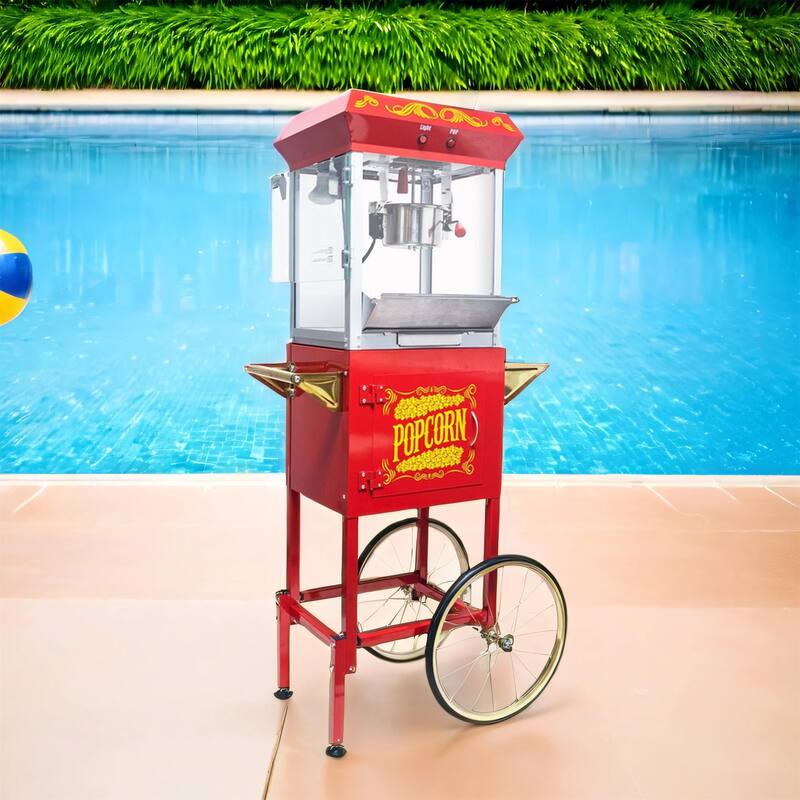 8oz Popcorn Machine with Cart, Stainless Kettle and Warming Deck