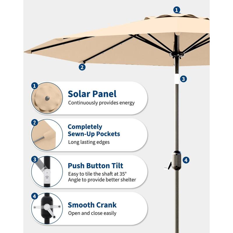 Coromose 9FT Outdoor Patio Umbrella, 8 Sturdy Ribs, with 32 LED Lights - Tan