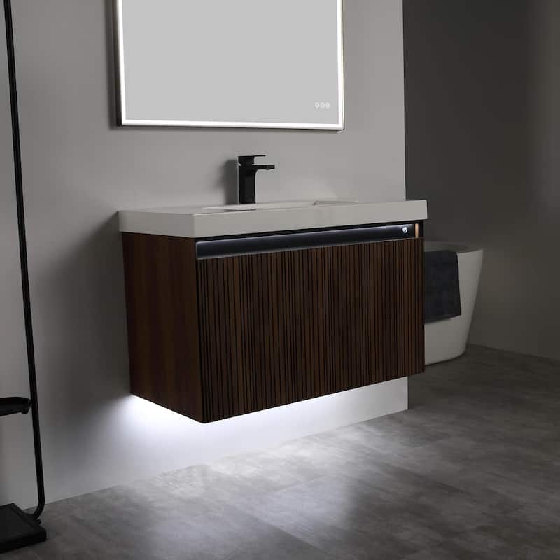 Blossom Lille Brown Walnut Floating Vanity with LED & Acrylic Sink