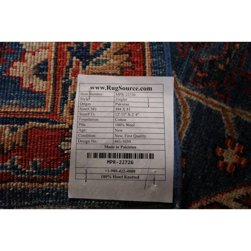 Blue Vegetable Dye Ziegler Oriental Runner Rug Handmade Wool Carpet - 2'8" x 12'11"