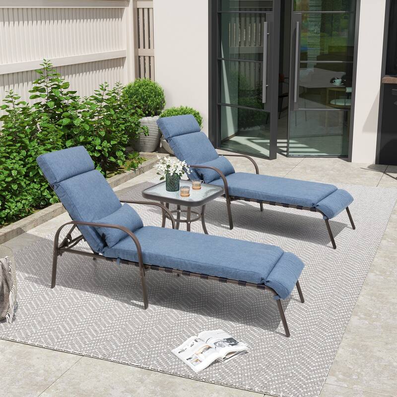 Outdoor Cushioned Chaise Lounge Chairs Adjustable Reclining Sun Lounger with Side Table