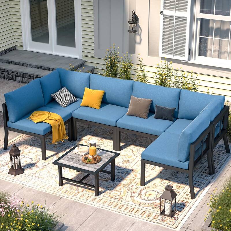 AECOJOY Outdoor 7 Pieces Patio Conversation Sets with Cushions - Blue