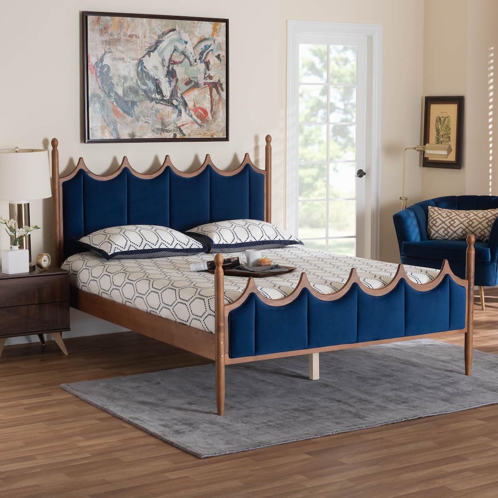 Calgary Retro-Modern Royal Blue Velvet Fabric and Walnut Brown Wood Queen Size Platform Bed