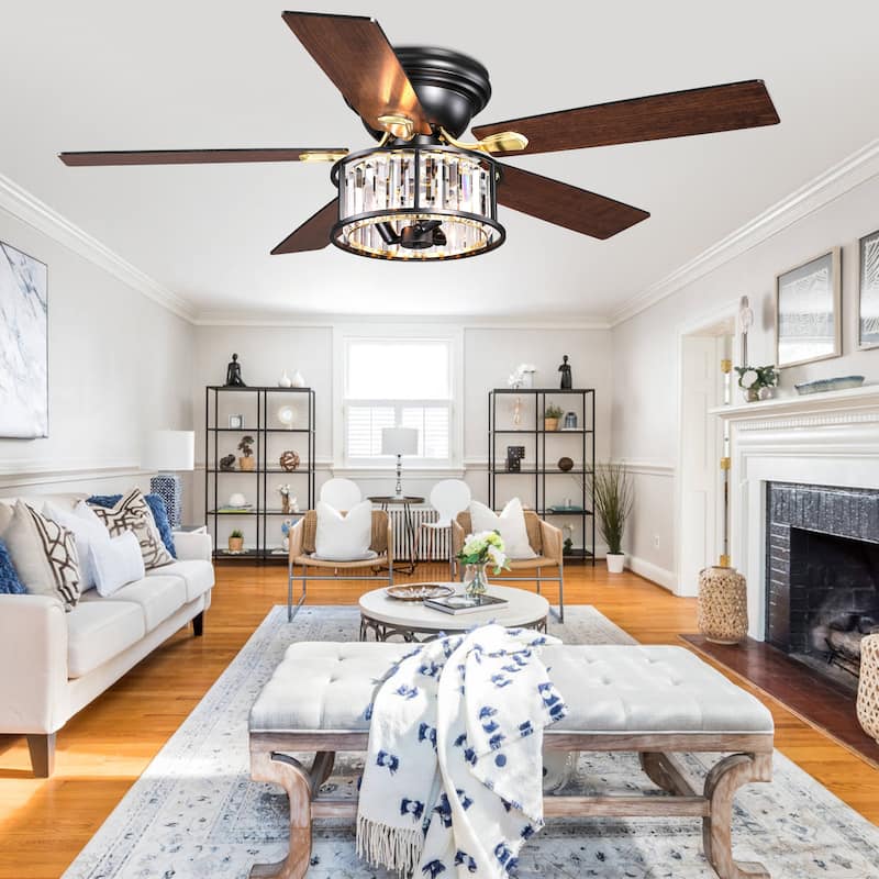 Cusp Barn 52" Farmhouse Flush Mount Crystal Ceiling Fan with Lights and Remote, Black 5 Blades Reversible Chandelier Ceiling Fan