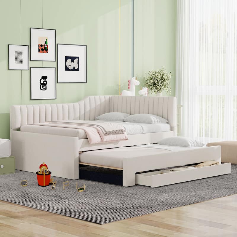 Full Size Linen Daybed with Trundle and 3 Storage Drawers and Multi-Functional Upholstered Bed (400lbs Capacity)