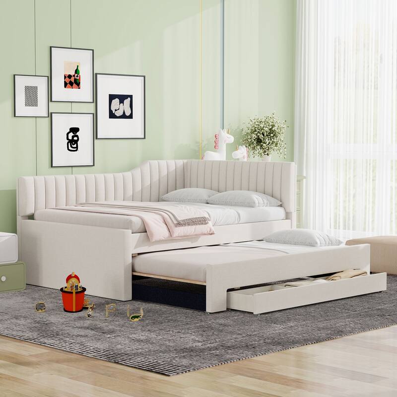 Living Room Upholstered Daybed, Solid Wood Platform Sofa Bedframe with Pull Out Trundle and 3 Drawers, Wood Slats Support