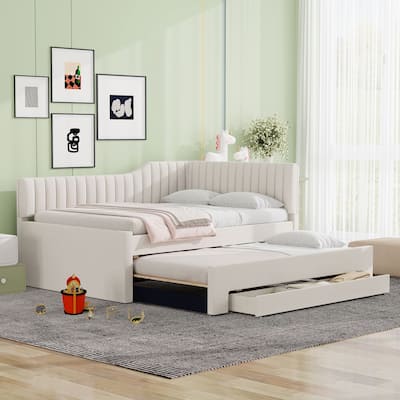 Upholstered Linen Bed Frame, Full Size Daybed with Pull-out Trundle and Storage Three Drawers for Bedroom/Apartment