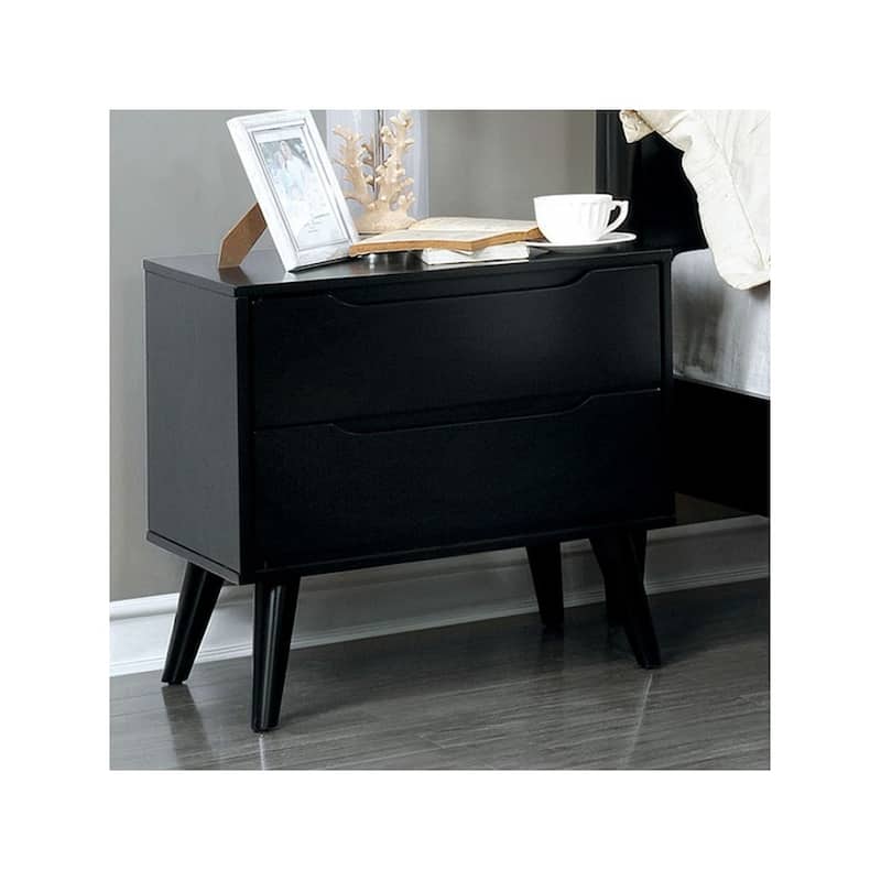 Mid-Century Modern 1pc Nightstand Bedroom Furniture Solid wood Round Tapered Legs 2-Drawers Bedside Table - Black