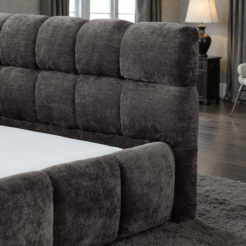 King Upholstered Platform Bed Frame with Thick Chenille Fabric, Grounded Modern Bed with Headboard, No Box Spring Needed