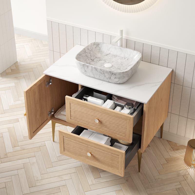 Freestanding Bathroom Vanity with Sintered Stone Top and Rectangle Ceramic Round Basin