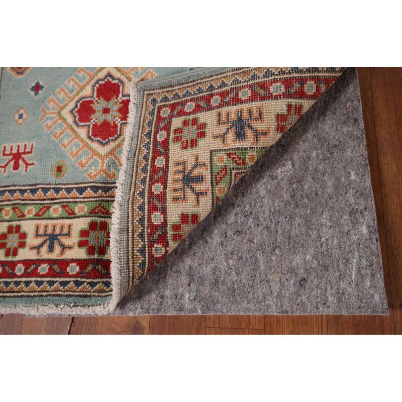 Light Blue Geometric Kazak Accent Rug Hand-Knotted Foyer Wool Carpet - 2'8" x 4'3"