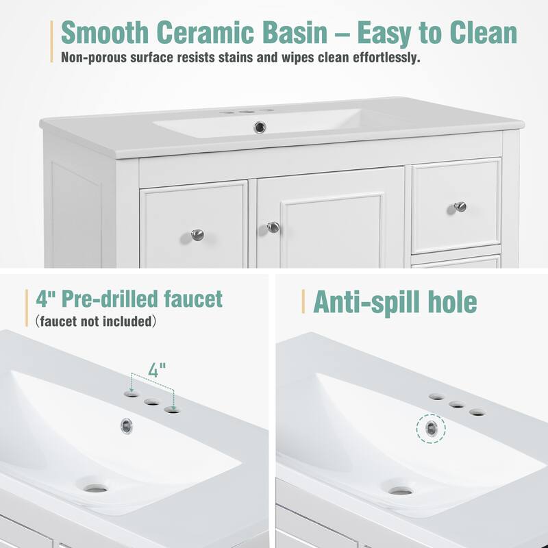 Bathroom Vanity Storage Cabinet with 4 Drawers, Removable Dividers, Adjustable U-shaped Shelf and Silver Handles