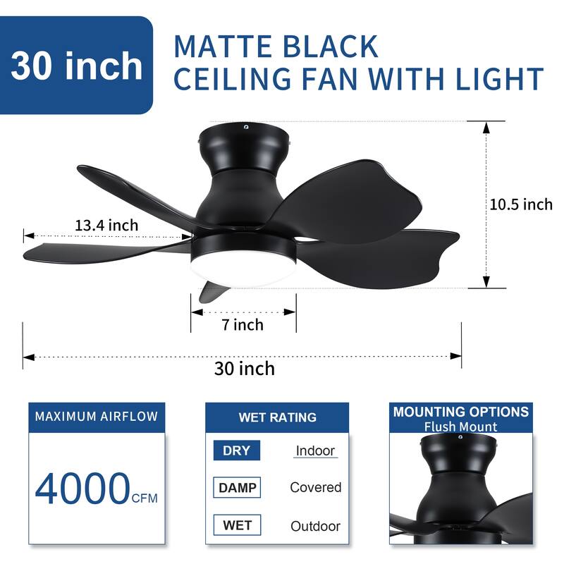 YUHAO 30 Inch Modern Matte White Indoor Flush Mount Small Ceiling Fan With LED Light and Remote Control
