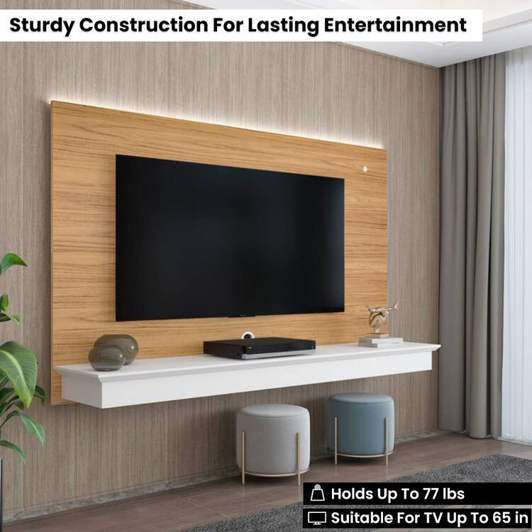 Floating TV Stand for up to 55" TVs - Wall-Mounted Entertainment Center with LED Strip & Shelf - Natural,White