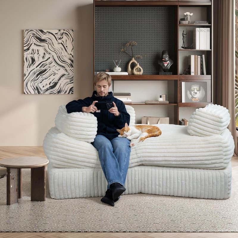 WOWMAX 85'' Curved Sofa Chaise Lounge Chair Fluffy Boneless Couch for Living Room, Comfy Plush Corduroy Small Couches
