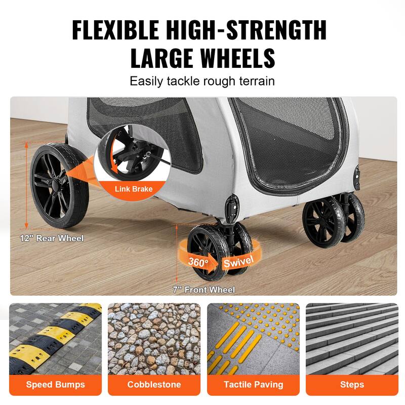 Pet Stroller with Breathable Mesh Windows and Height-Adjustable Height