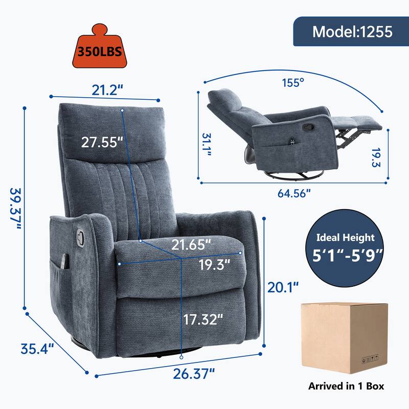 Heat Massage Manual Recliner Chair with Rocker and Swivel in Fabric for Living Room