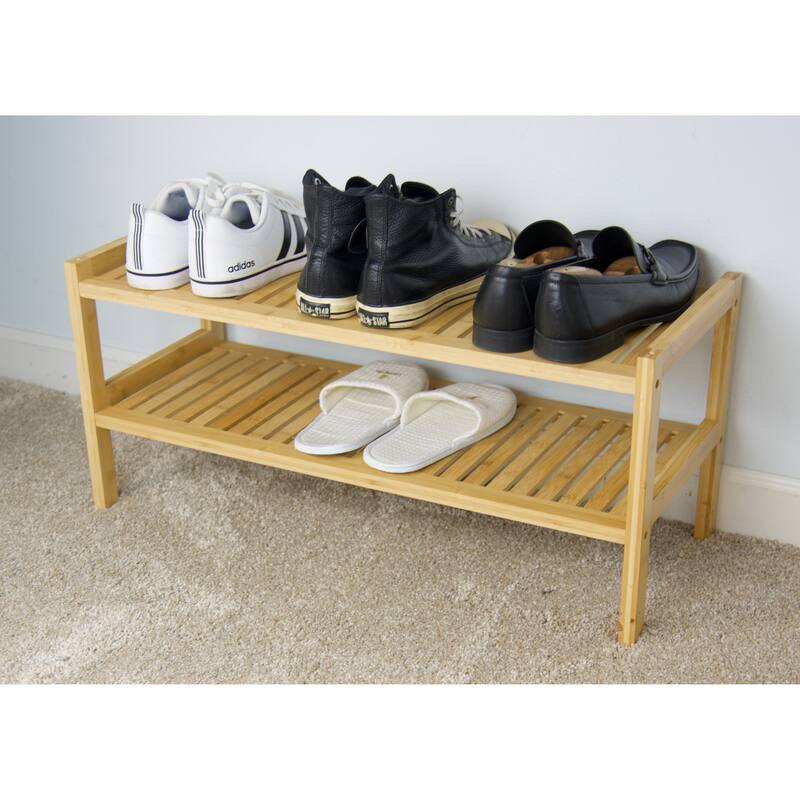 2 Tier Slatted Stackable Solid Bamboo Shoe Rack - 2-Tier