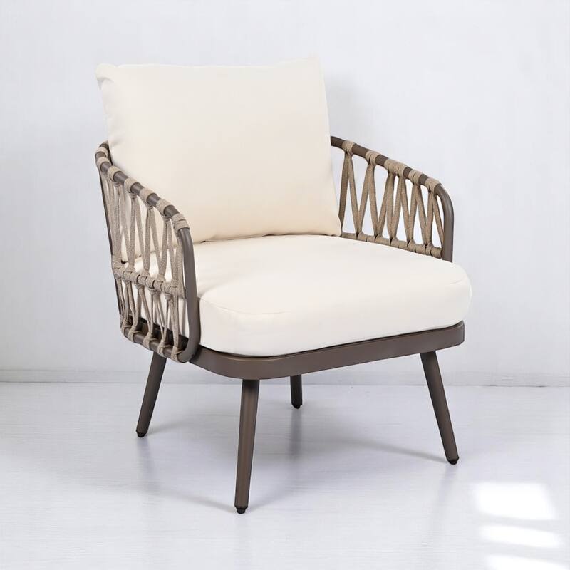 4-Piece Outdoor Conversation Set with Woven Rope U-Shaped Backrest, Acacia Wood Coffee Table, Water-Repellent Cushions