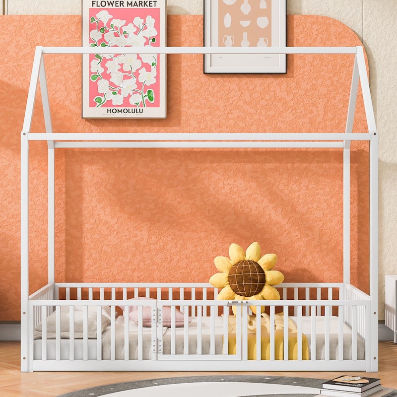 White Twin Size Metal House Bed with Fence and Play Door for Kids
