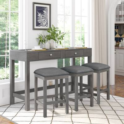 Clihome 4-Pcs Counter Height Table Set with Socket and Fabric Padded Stools