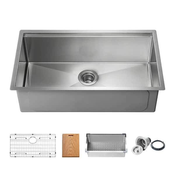 slide 2 of 14, Handcrafted Single-bowl 16-gauge Stainless Steel Undermount Sink Set
