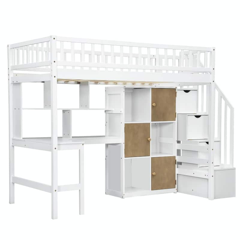 Wooden Twin Loft Bed with Built-in Desk, LED Lights, Storage Shelves, Cabinets & Staircase