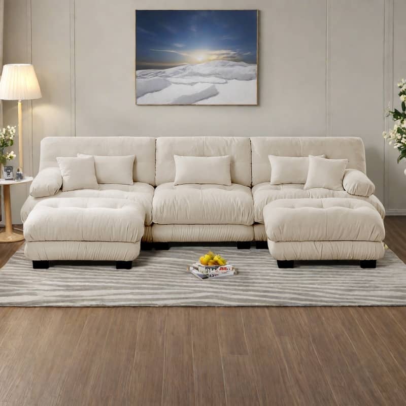 133.8" Chenille Modular 3-Seater U-Shaped Cloud Sectional Sofa with 2 Ottomans - Light Coffee