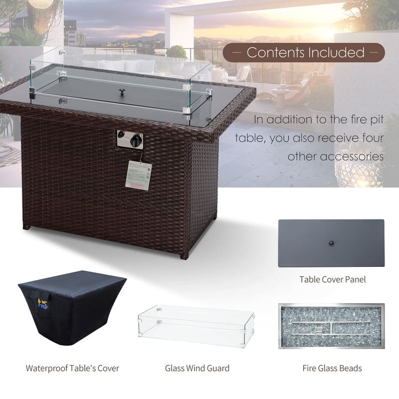 FINCATI Outdoor Wicker 43" Propane Fire Pit Table, 60,000 BTU Modern Luxury Rectangular Fire Pit Natural Gas Convertible