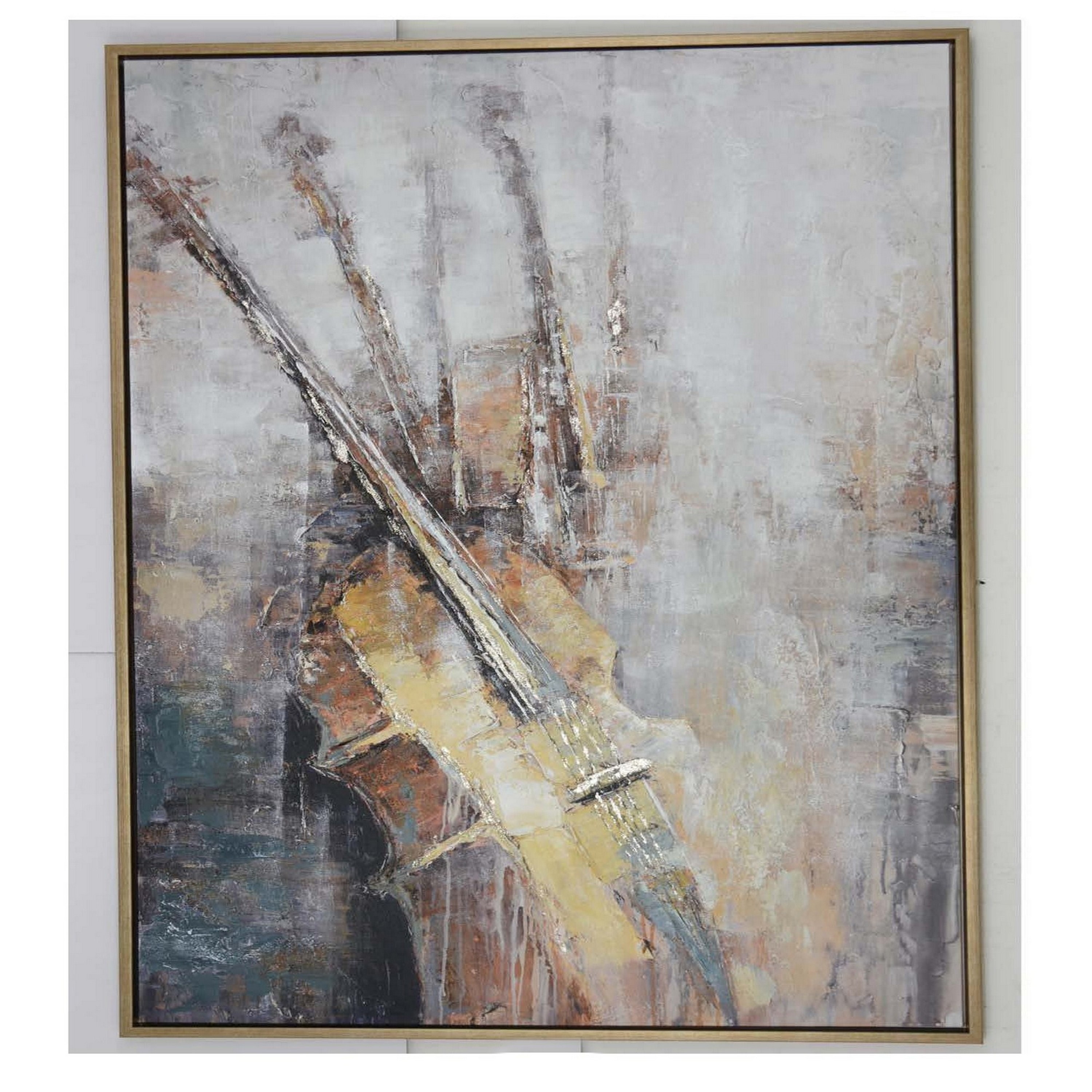 40 x 59 Framed Canvas Oil Painting, Guitar, Natural Fiber, Gray and Brown