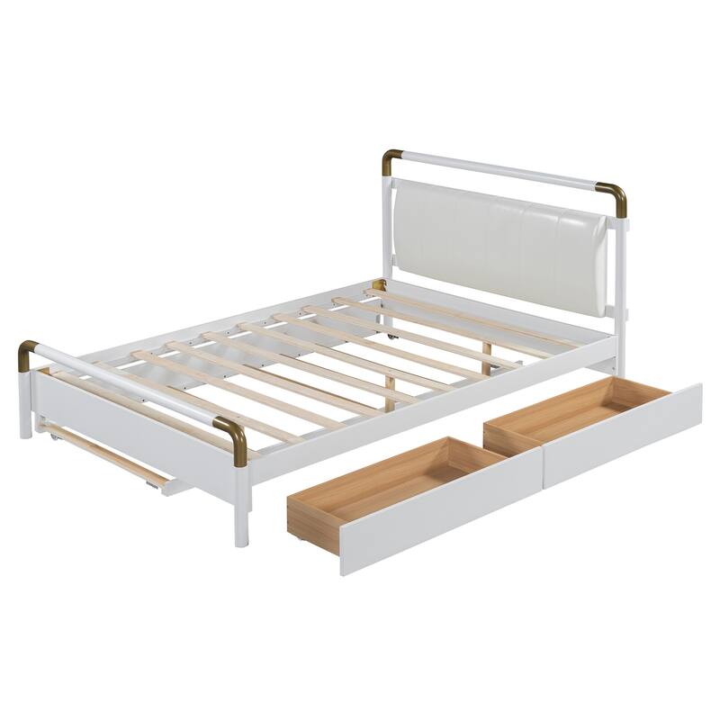 Queen Size Wooden Platform Bed w/ 2 Storage Drawers, T-XL Size Trundle