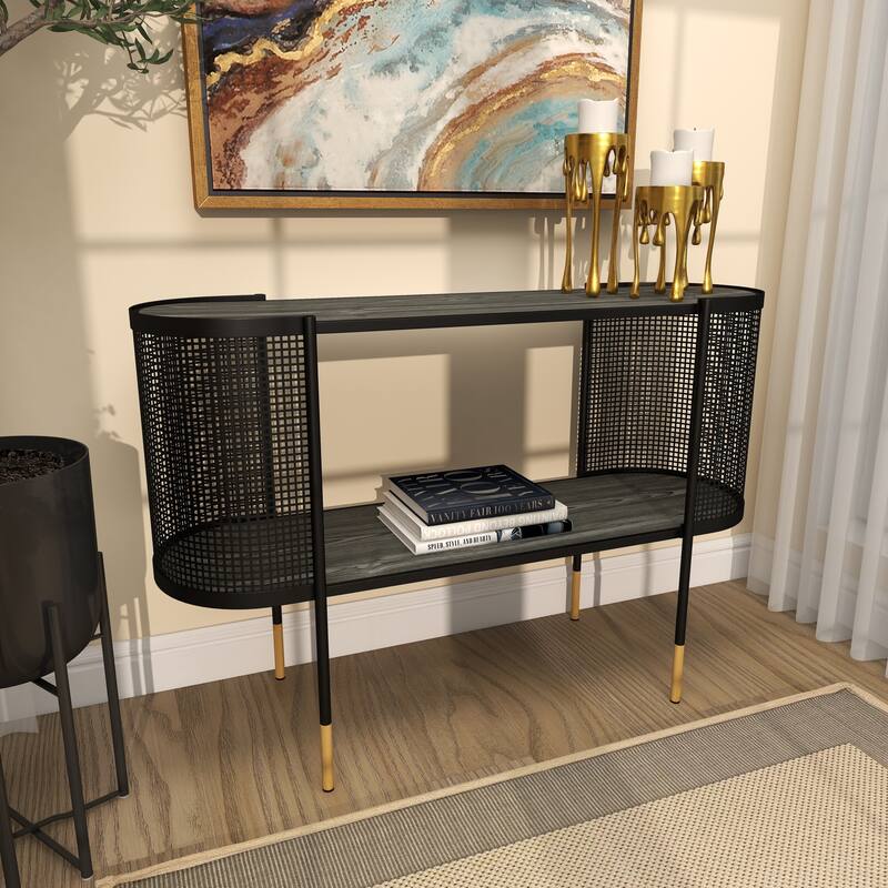 Black Metal Mesh Side Panel 1 Shelf Console Table with Open Center Storage