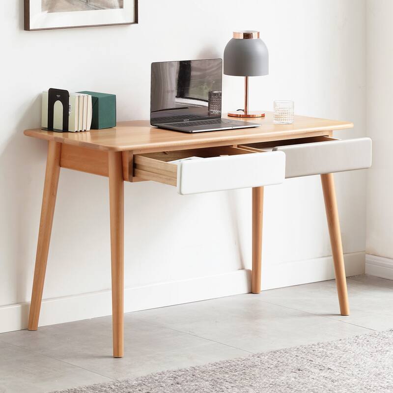 Modern Solid Beech Wood Writing Desk with 2 Drawers and Rounded Corners for Small Home Office Spaces