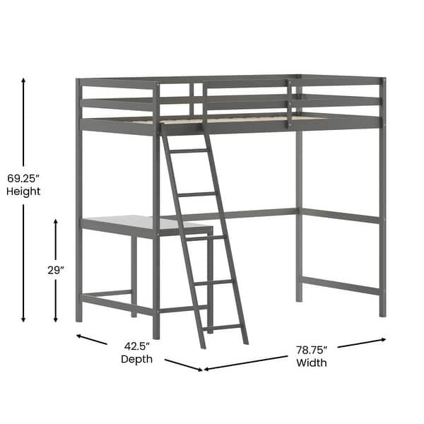 dimension image slide 0 of 6, Traditional Wood Slat Loft Bed with Integrated Desk & Ladder
