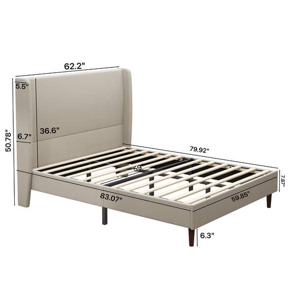 Queen Upholstered Bed Frame with High Headboard and Wooden Slats No Box Spring Needed Easy Assembly