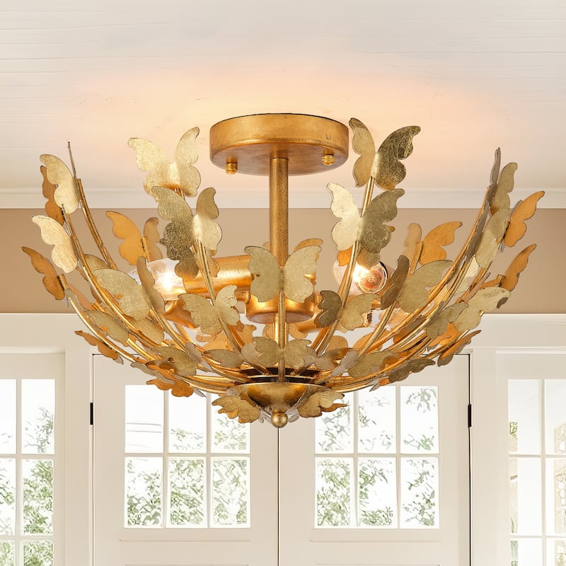 Antique Gold Butterfly Bowl 4-Light Semi Flush Mount Ceiling Light - 17.7"Wx10.4"H