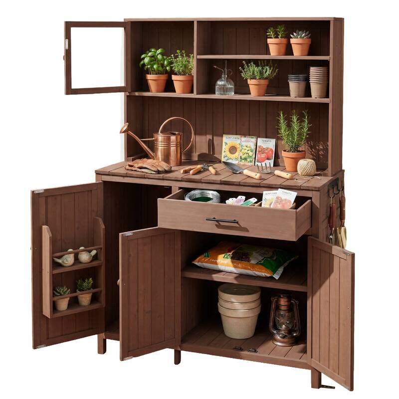 65" Solid Fir Wood Potting Bench with Hutch, Garden Workstation Table with Drawer, Spice Rack & Shelves
