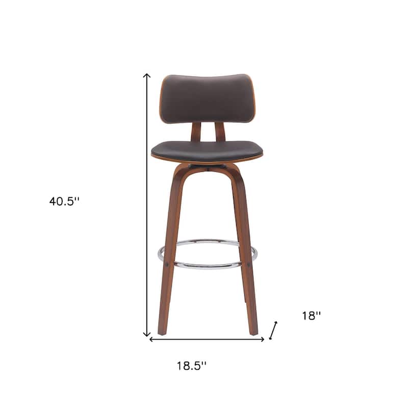 30" Brown And Wood Brown Faux Leather Swivel Low Back Bar Height Bar Chair