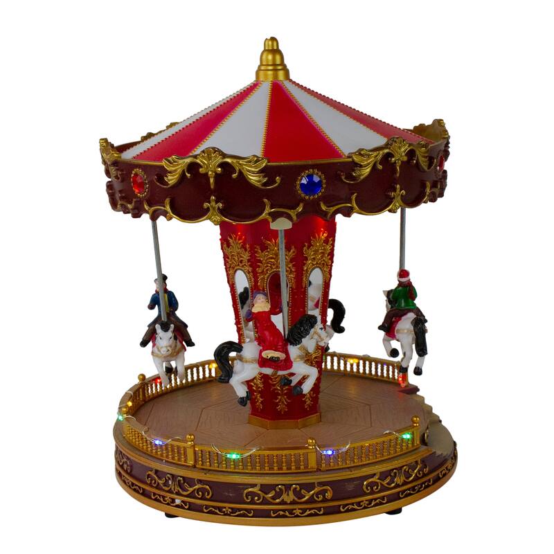 11" Red White LED Lighted Animated Christmas Carousel with Horses