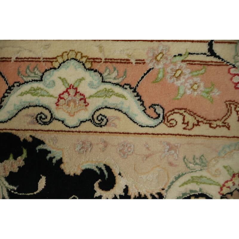 Hand Knotted Oriental Wool & Silk Carpet Traditional Floral Black Tabriz Runner Rug - 13' 5'' X 2' 9''