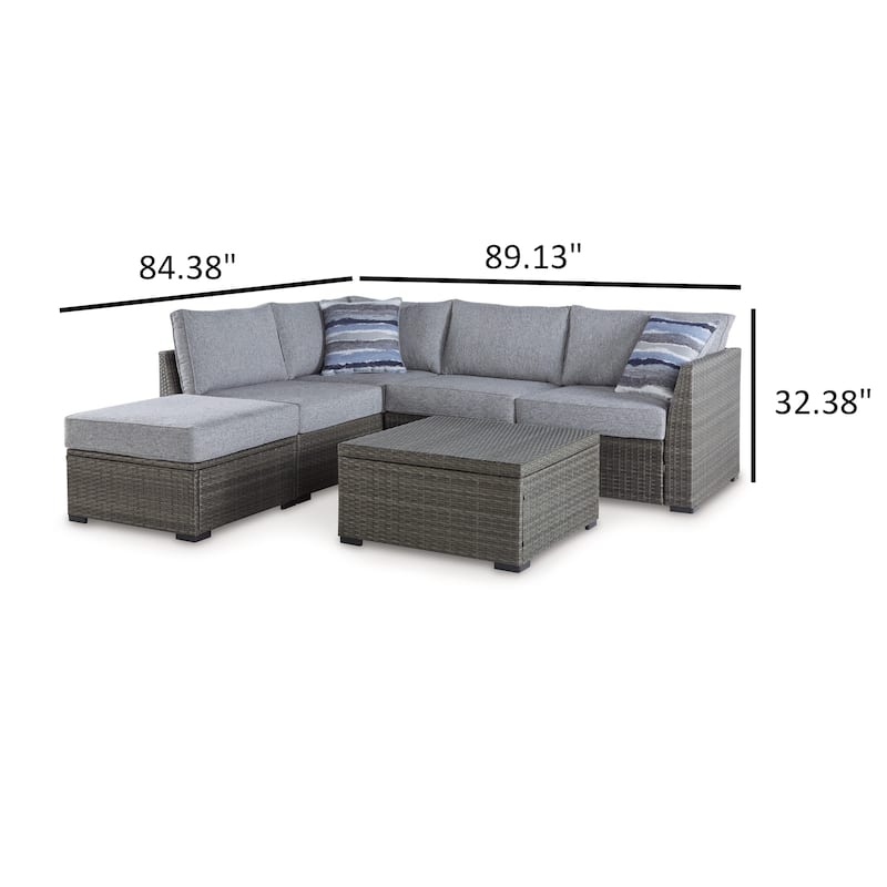 4 Piece Outdoor Sectional Sofa, Chaise, Storage Table, Throw Pillows, Gray