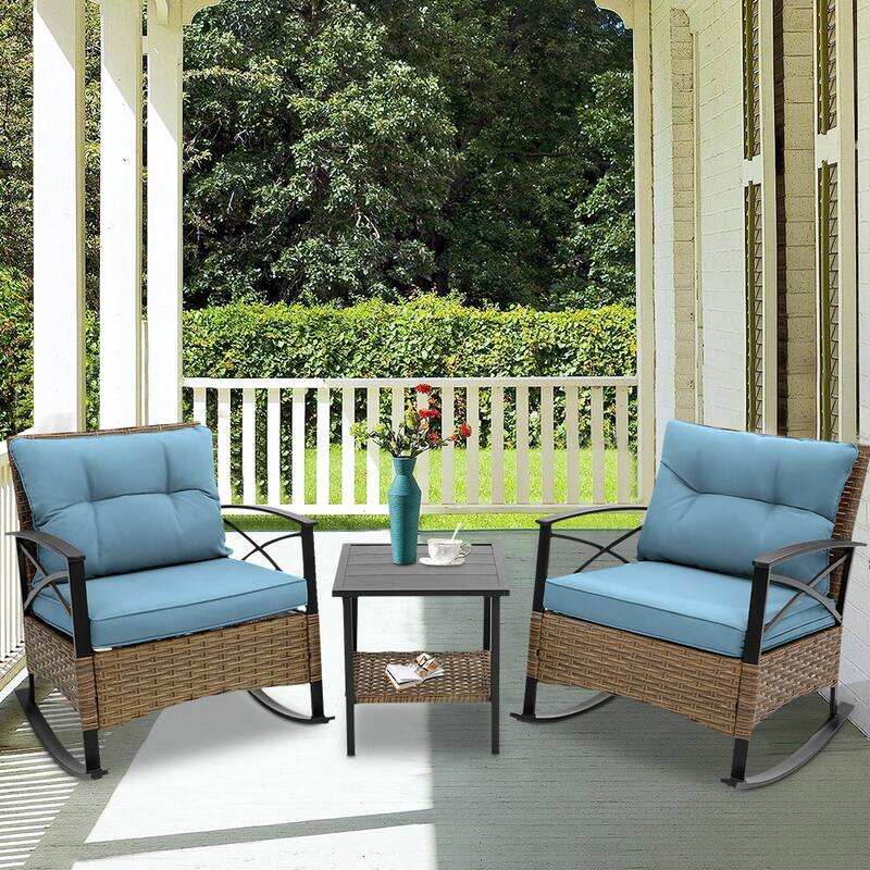 3 Pieces Patio Rocking Rattan Set, Outdoor Bistro Set with Cushions - 1 Table,2 Rocking chairs