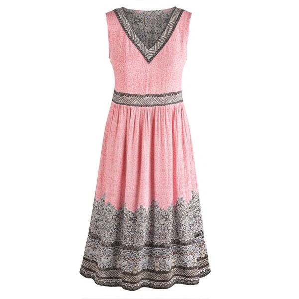 Women's Renee Border Print Dress - Pink V-Neck Sleeveless Ankle Length