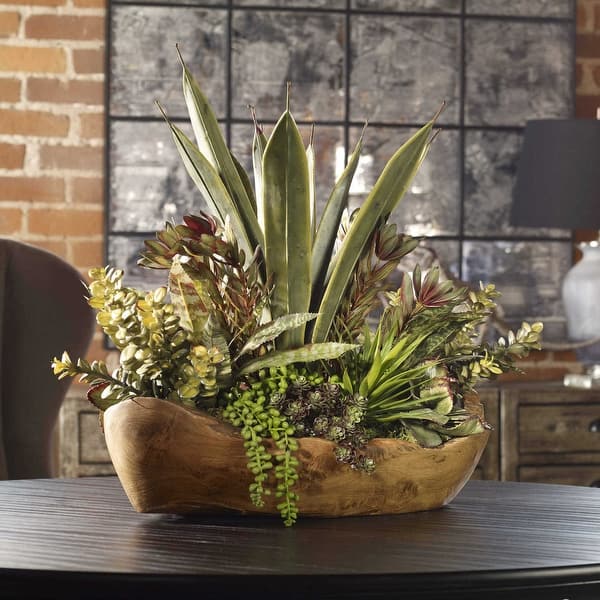 slide 2 of 2, Uttermost Salar Artificial Designer Succulents Plants in Teak Bowl Light Brown
