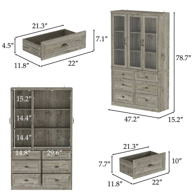 Buffet Cabinet with Glass Doors and Drawers Display Hutch Bookshevles Bookcase