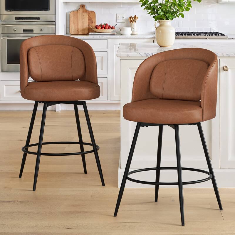 Swivel Bar Stools Set Of 2/3/4, Metal Bar Stools, Modern Upholstered Bar Stools For Kitchen Island - 20.3"W X 20.3"D X 39"H - Brown - Set of 2