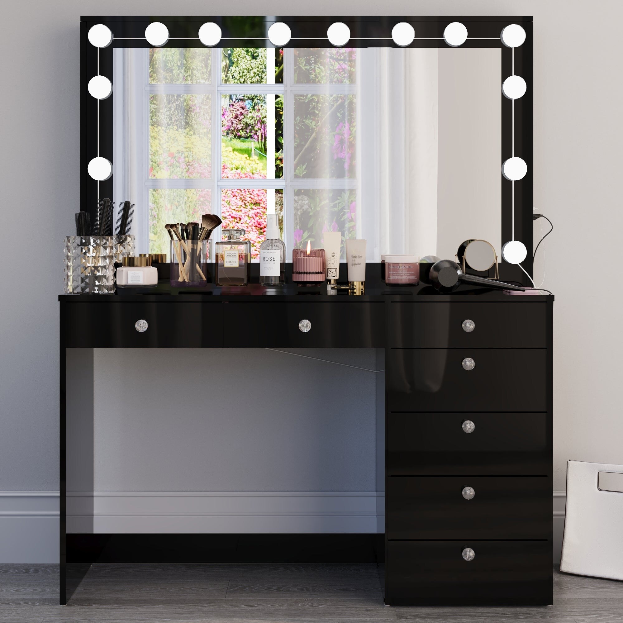 Boahaus Lighted Makeup Vanity Desk With Crystal knobs and 7 Drawers