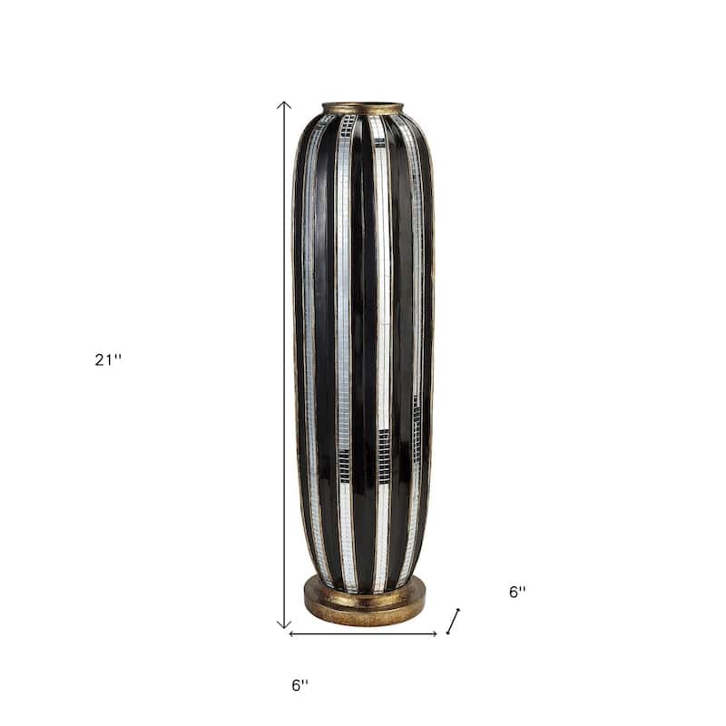 Black and Silver Polyresin Floor Vase with Striped Mosaic Glass 21 Inch Cylinder