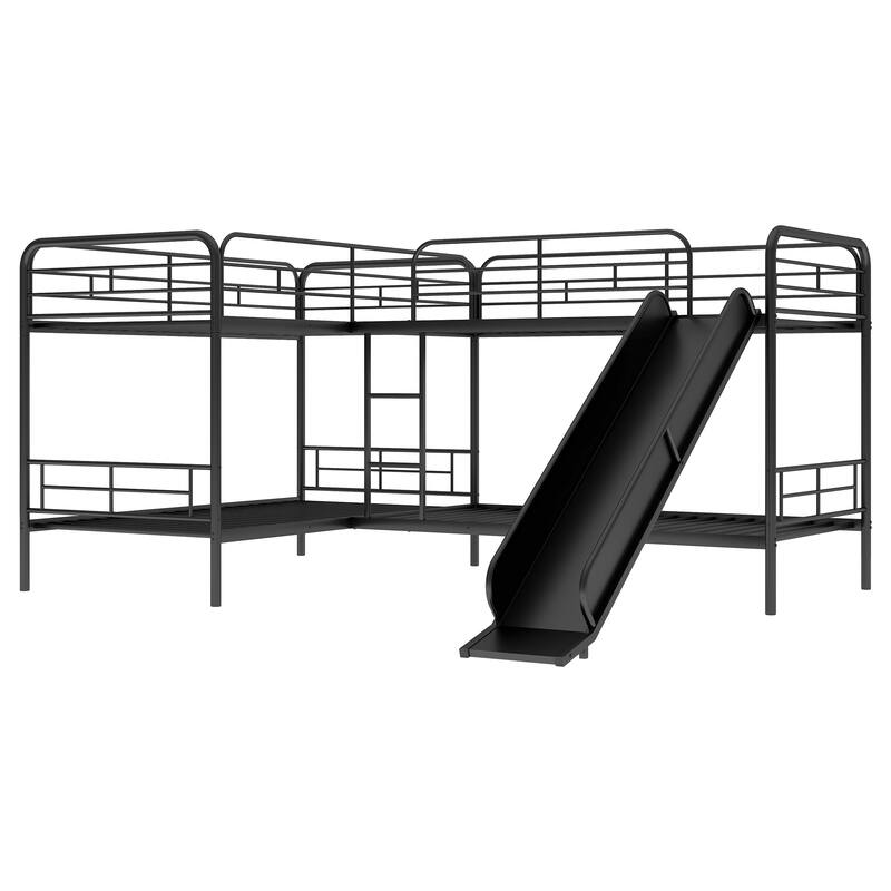 Twin Metal L-Shaped 4-in-1 Bunk Bed with Slide, Ladder, and Guardrails